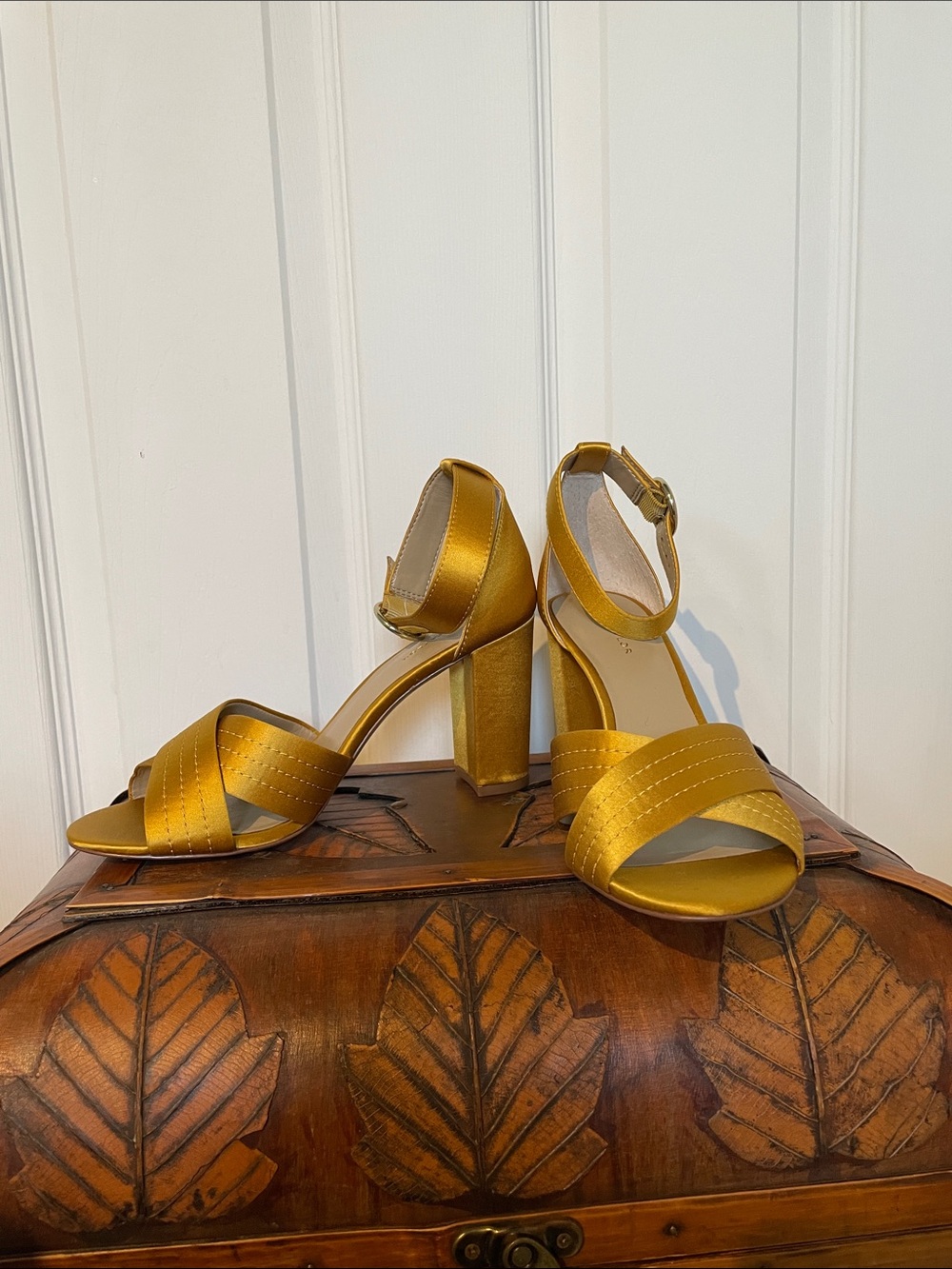 Ann Taylor satin Gold Block Heel Ankle-Strap Sandals